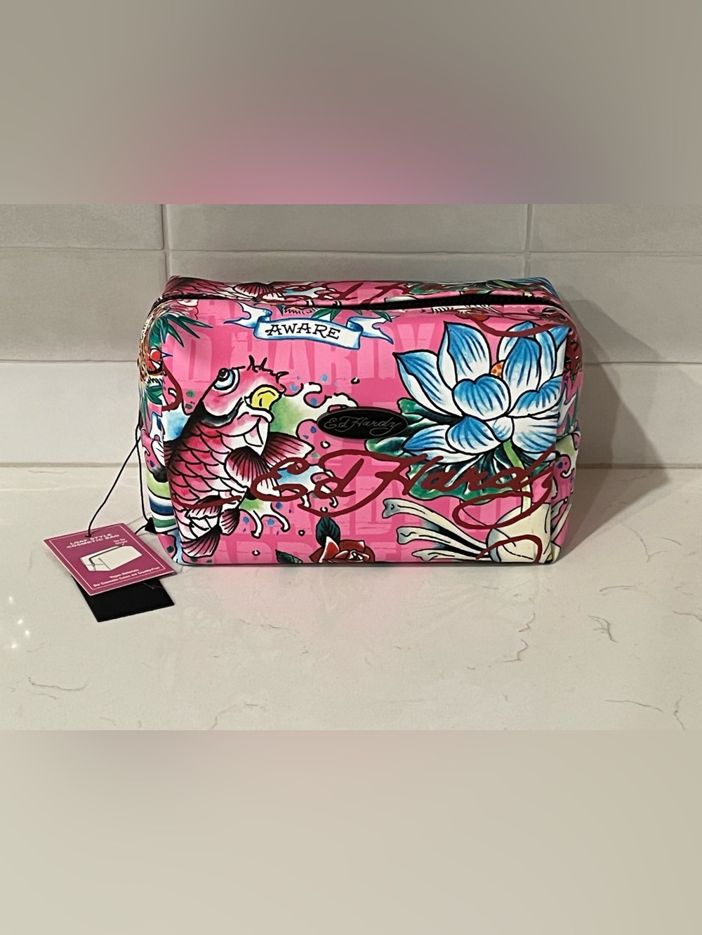ED HARDY Pink Loaf Cosmetic Bag Travel Bathroom Makeup NWT Fish Skull Tiger Y2K